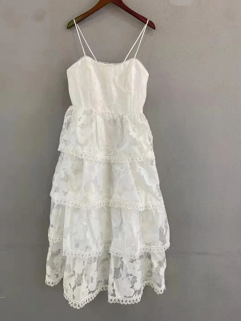 

Novia Party 2022 Summer Dress High Quality Women Spaghetti Strap Vintage Flower Patterns Lace Patchwork Sleeveless White Dress
