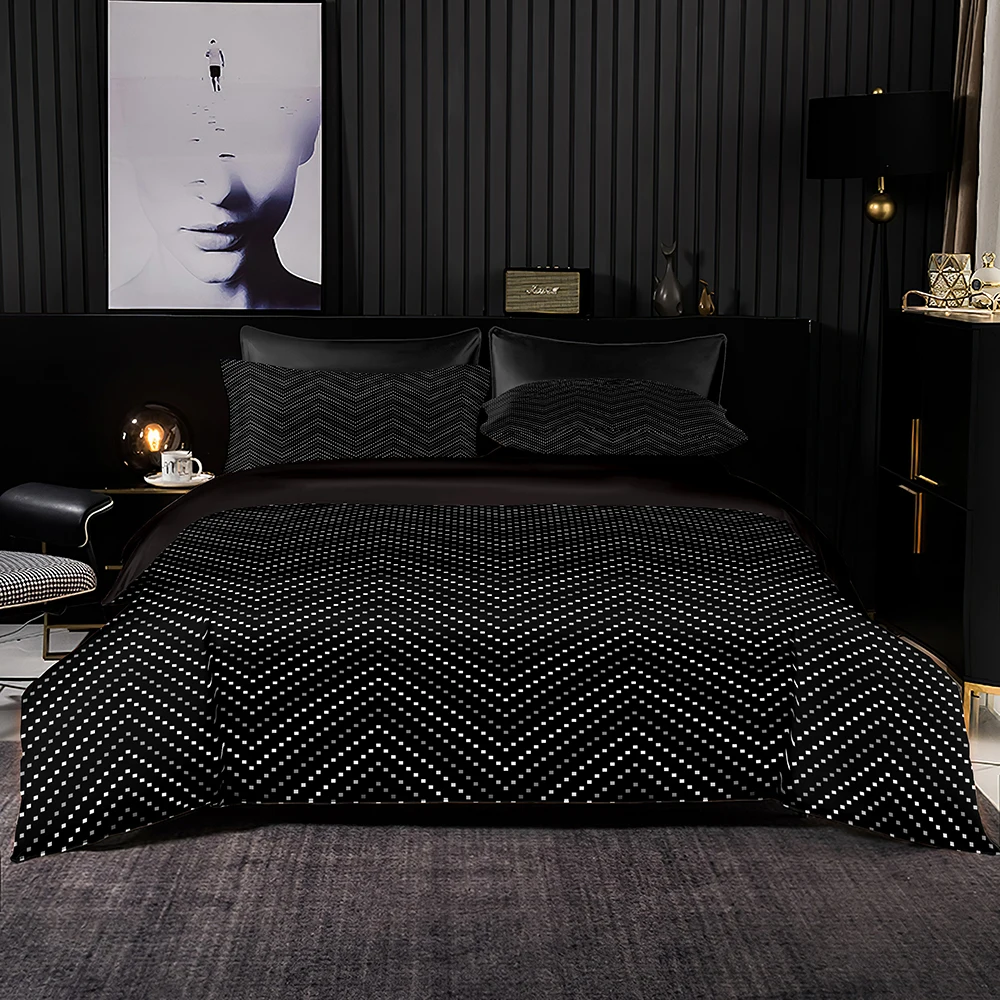 

Abstract Soft Bedding Set White Grid Print Nordic Duvet Cover Set & Pillowcase Quilt Cover Queen King Size Black Bed Accessory