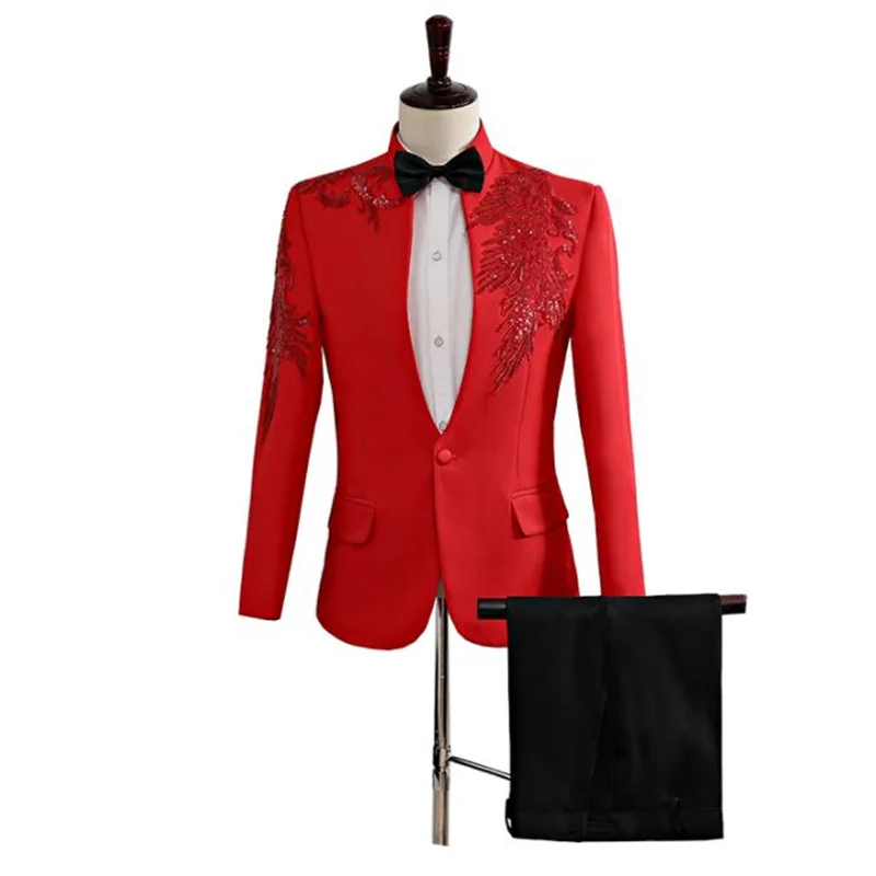 Sequin applique blazer men groom suit set with pants mens wedding suits costume singer star style stage clothing formal dress