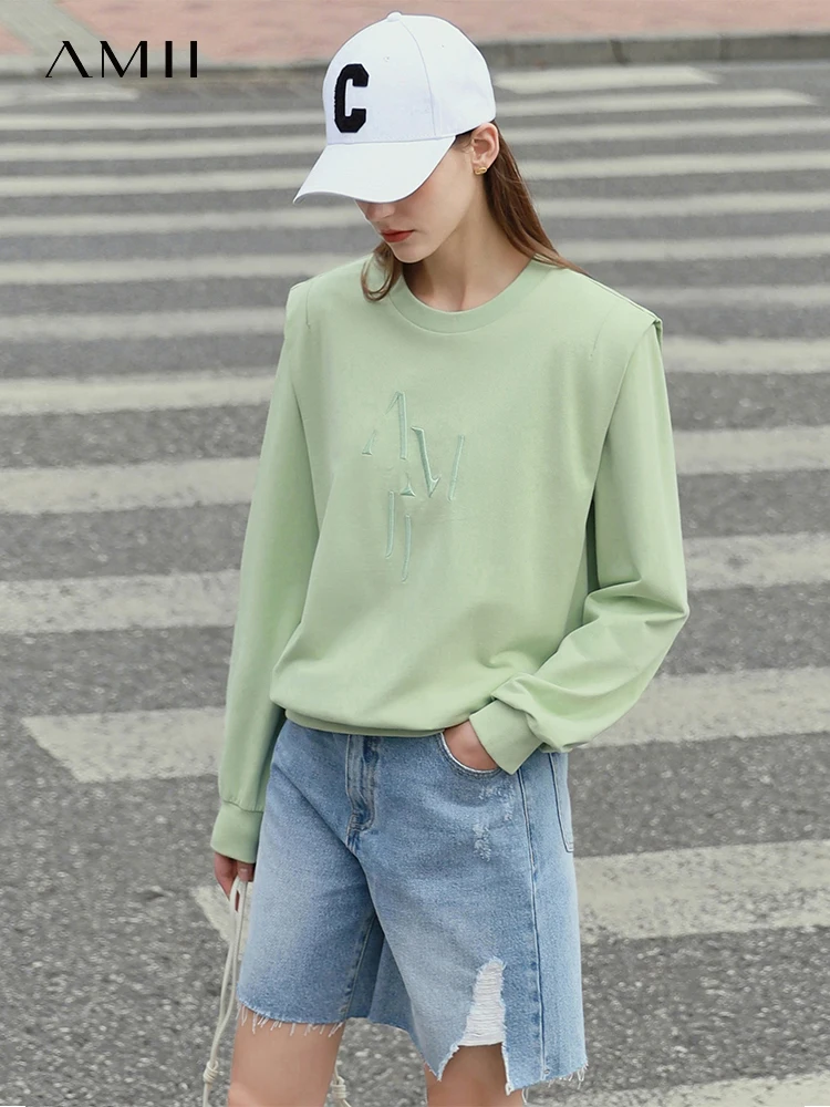 Amii Minimalist Spring Sweatshirts For Women Fashion Oneck Embroidery Pullover Women's Hoodies Clothing Female Tops 12230023