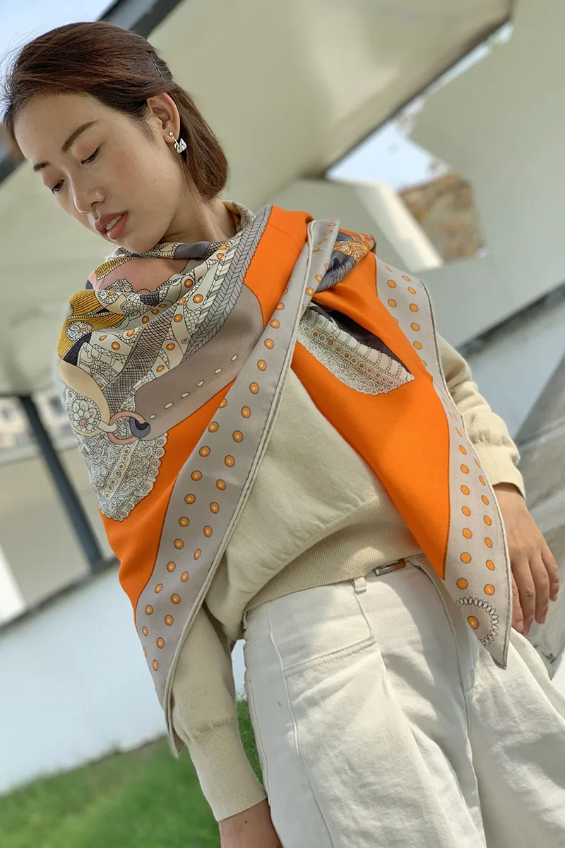 Женский зимний шарф седло из оранжевой шерсти Пашмина большой квадратный 140 см