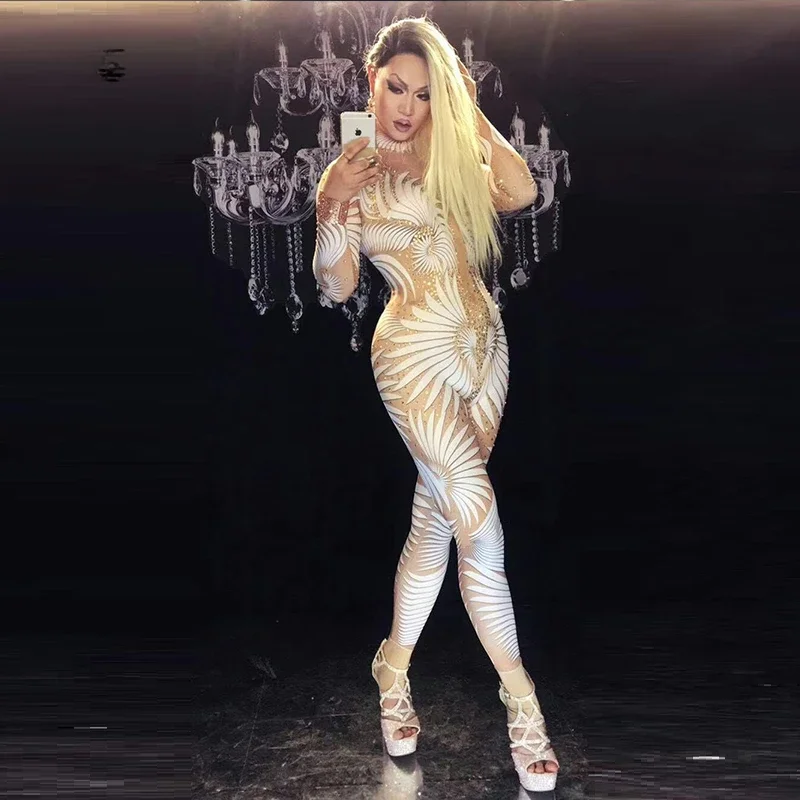 Сексуальный комбинезон с геометрическим узором женский боди блестящими камнями