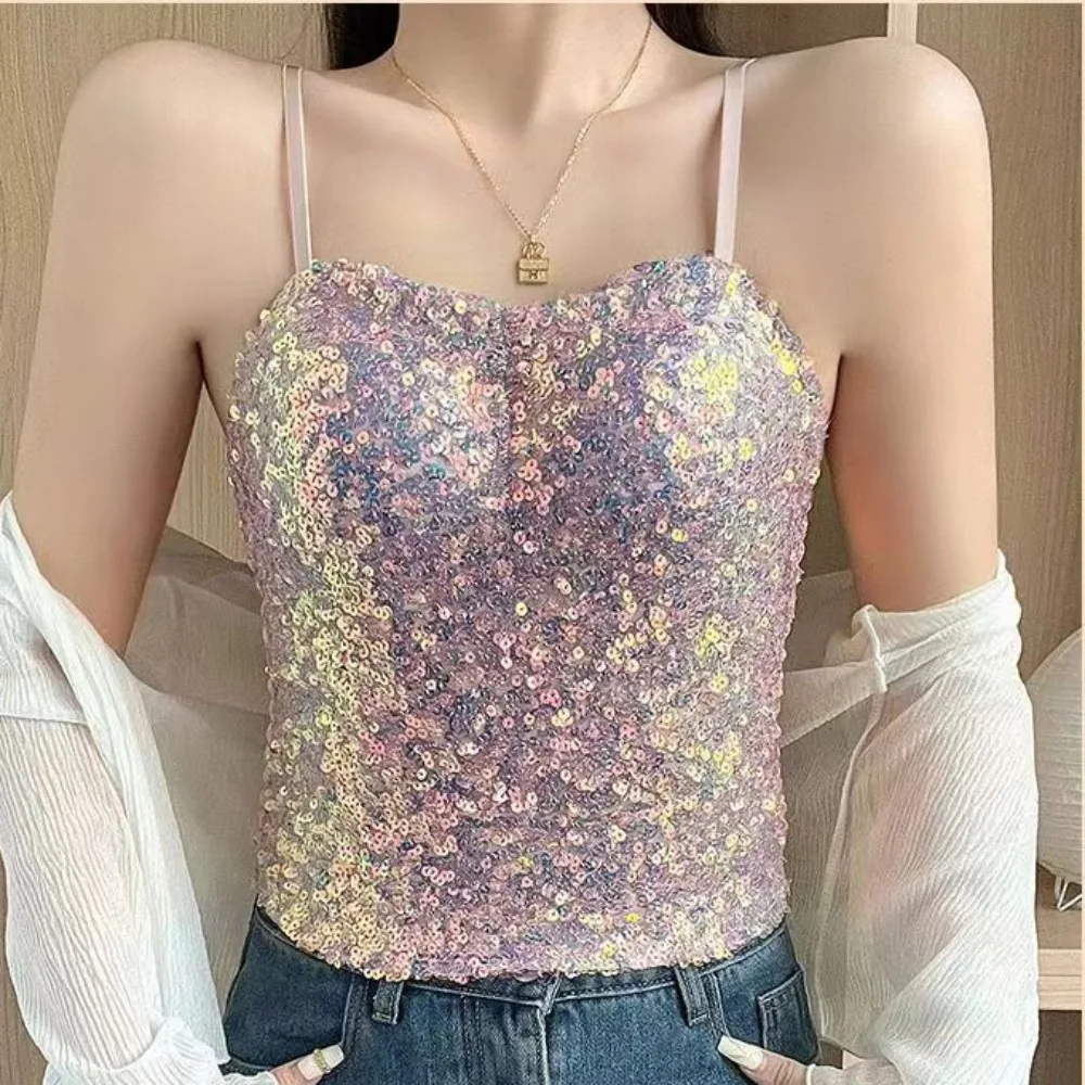 Женский бюстгальтер с блестками летний топ розового белого и черного цветов 2024
