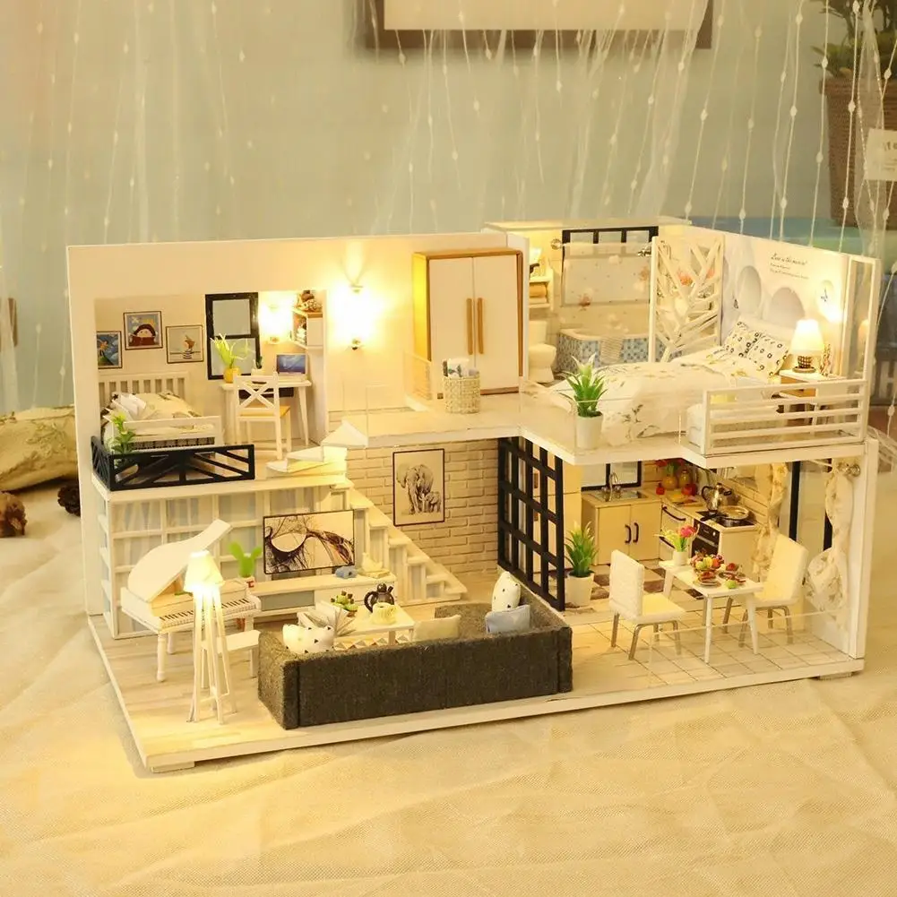 

Diy Assemble Wooden House Dollhouse Kit Wooden Miniature Toys With Furniture Led Houses Dollhouse Miniature Dolls Lights Gi M8t3