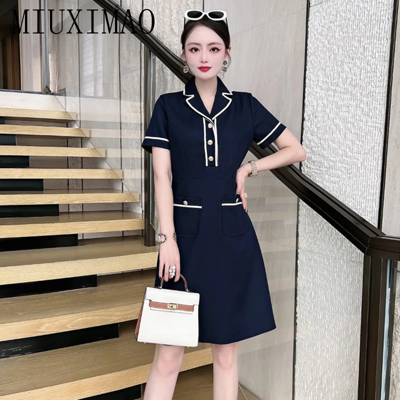 MIUXIMAO 2023 High Quality Spring&Summer Elegant Dress Short Sleeve Lapel Pocket Fashion Mini Dress Women Vestide