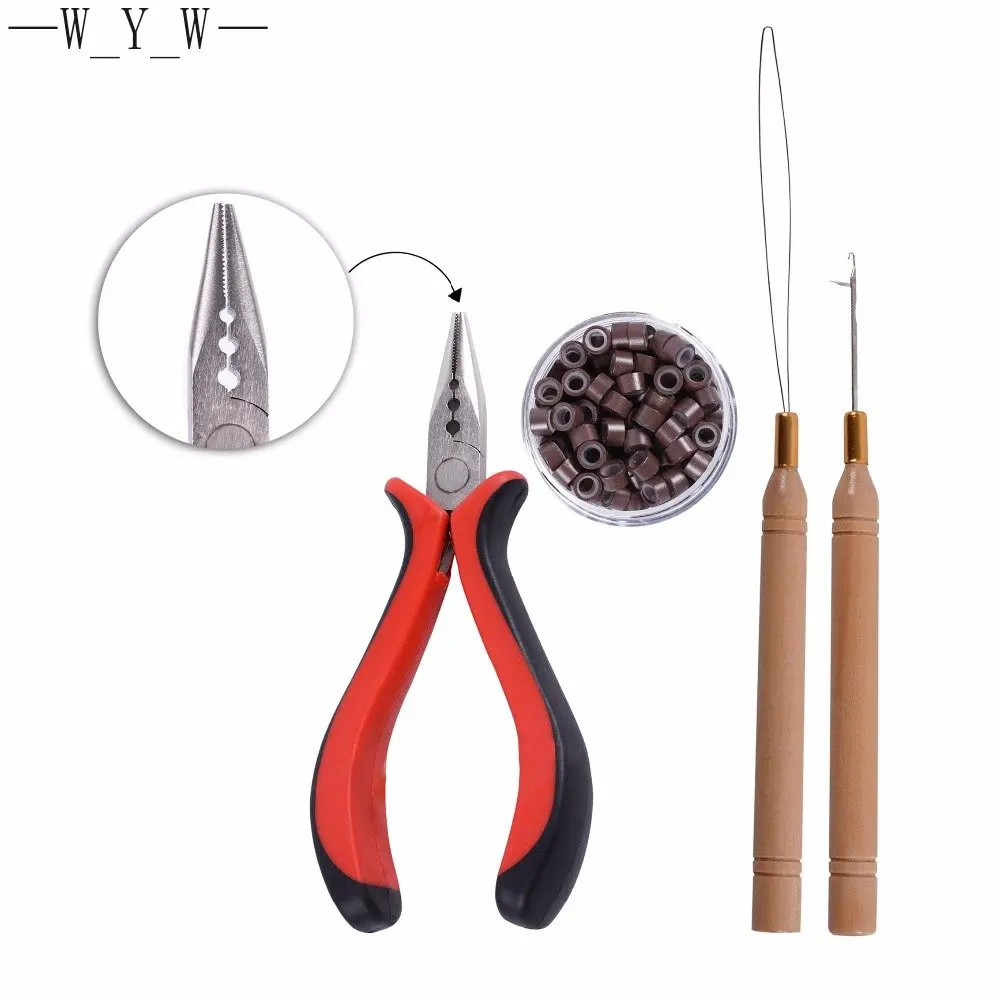 

1 Bottle/100Pcs Micro Links/Beads+1Pcs Pulling Needle+1Pc 3 Holes Plier Hair Extensions Tool Kit