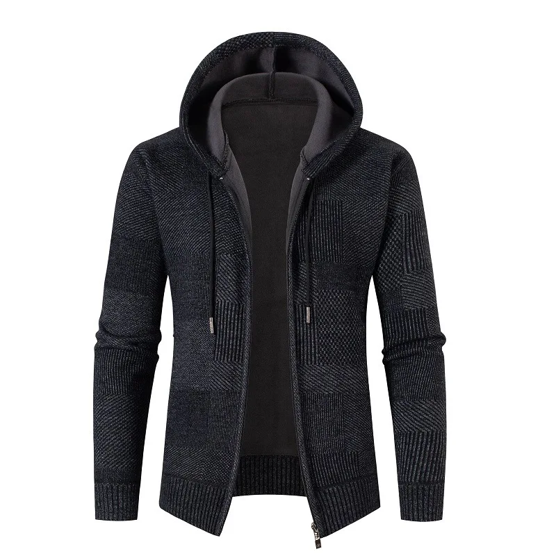 

Winter New Men's Fashion Sweater Hooded Casual Check Knit Jacket Fleece Thick Cardigan Winter Jacket Men Bomber Jacket