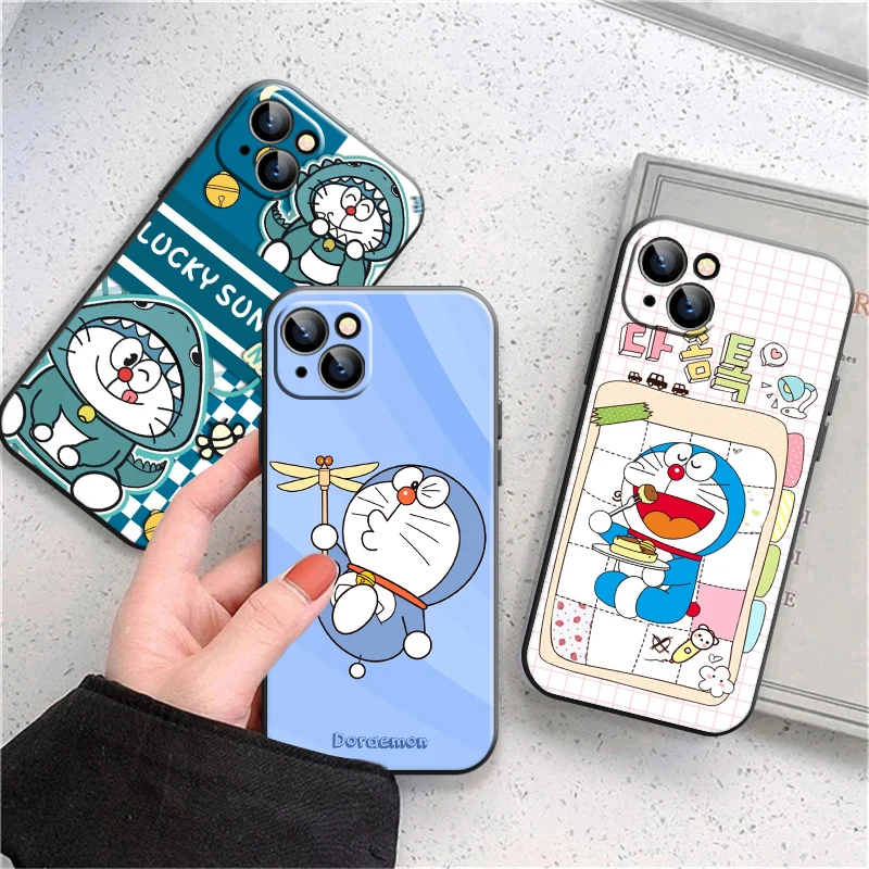 

Cute Doraemon Silicone Phone Case For iPhone 11 13 Pro 12 Mini MAX X XR XS 8 7 Plus 6s SE 2020 Liquid Shell Black Cover Coque