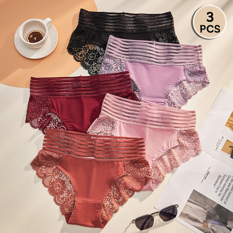 3PCS Plus Size High Waist Women's Panties Lace Sexy Underwear Solid Color Seamless Soft Female Lingerie Briefs