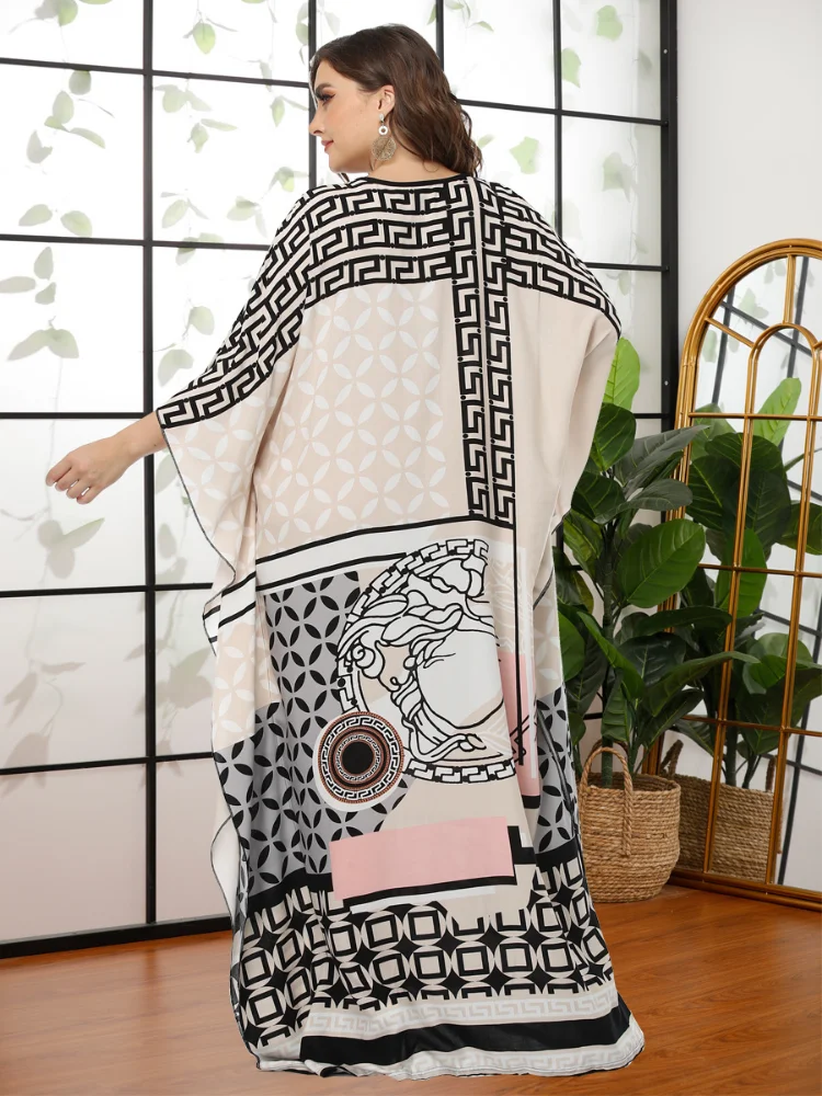 Ramadan Arabic Dresses For Women Print Bat Sleeve Maxi Dress 2022 Casual Loose Oversized Religious Robes Feminine Clothes