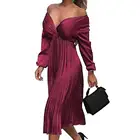 Женское атласное плиссированное платье миди, элегантное однотонное облегающее платье с открытыми плечами и V-образным вырезом, весна-лето