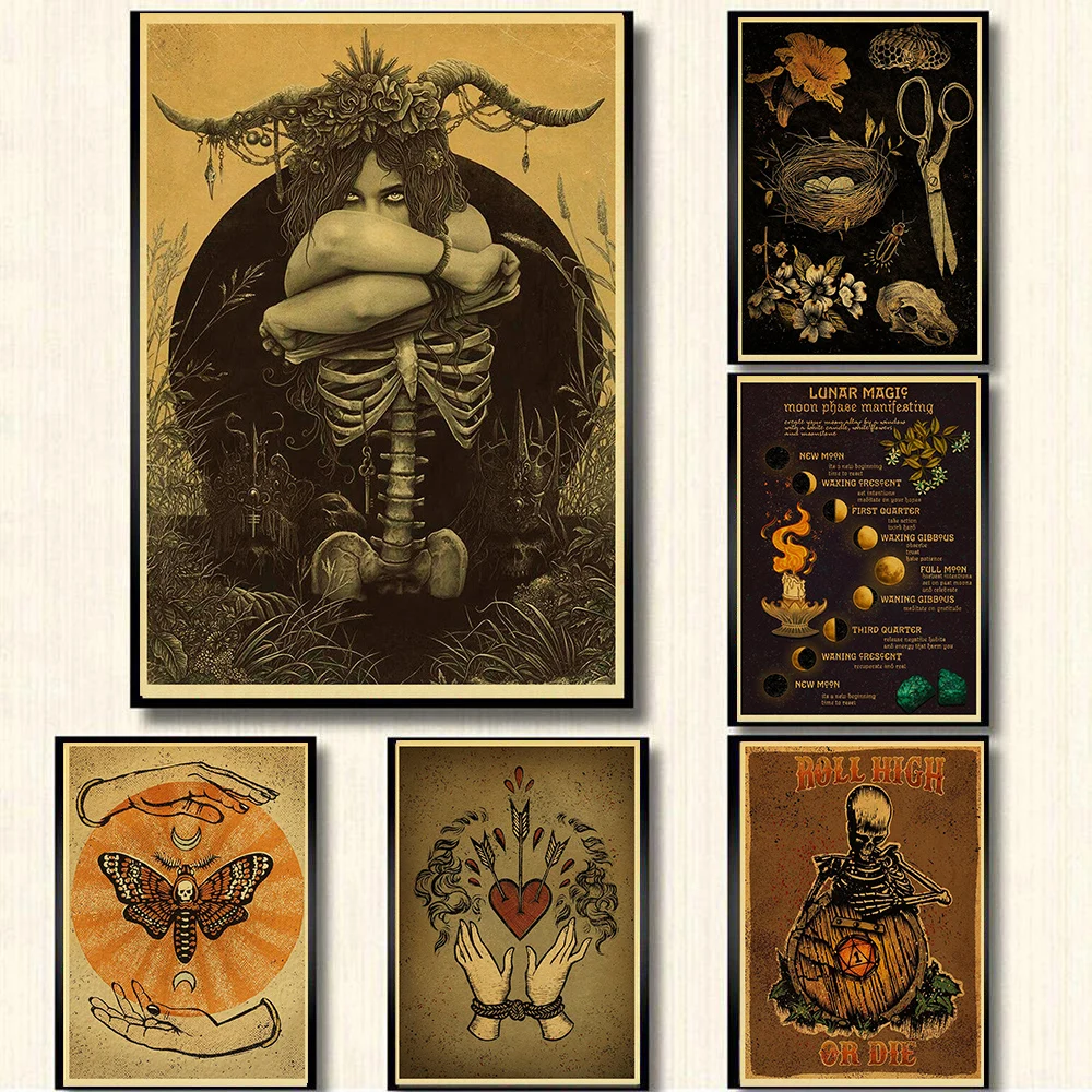 Винтажные постеры с ведьмой в европейском стиле с альхимией, классическое искусство, крафт-бумага, винтажная домашняя комната, бар, кафе, Подарочный декор, художественная настенная живопись