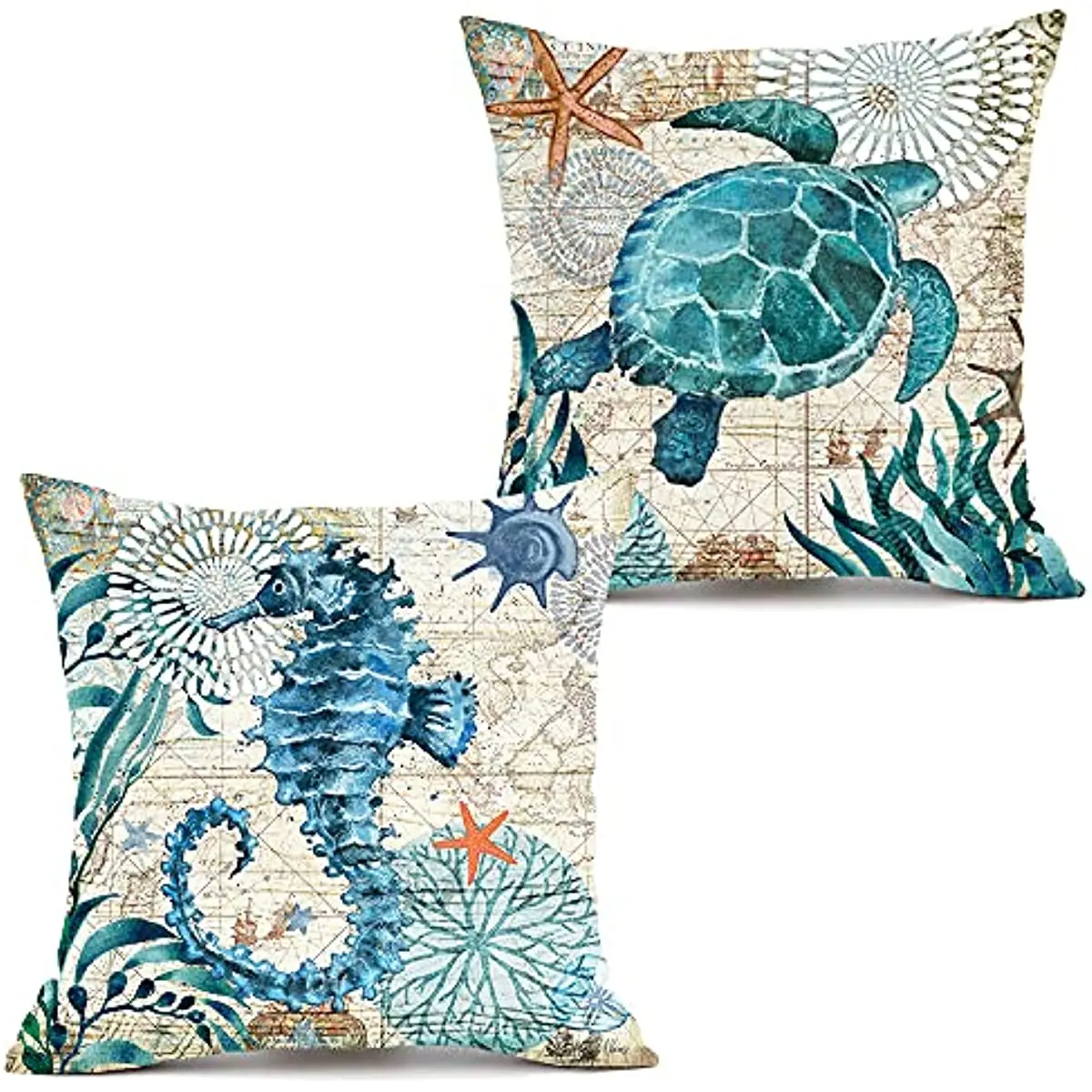 

Ocean Theme Decorative Throw Pillow Cover Set of 2, Turtle Seahorse Throw Pillows Cover Linen Mediterranean Ocean Coastal Beach