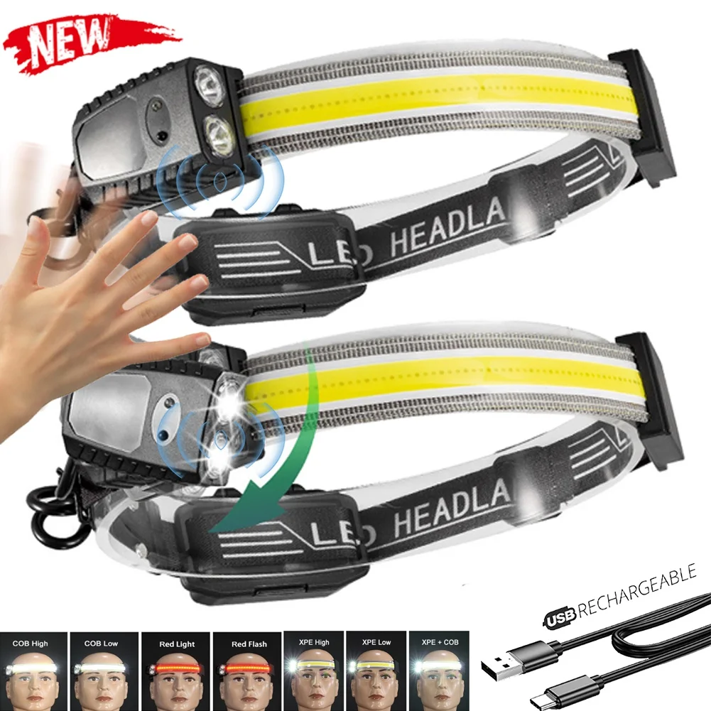 Super Bright Rechargeable COB XPE Sensor Fishing Headlight LED Built-in Battery Headlamp Waterproof Head Torch Outdoor Camping