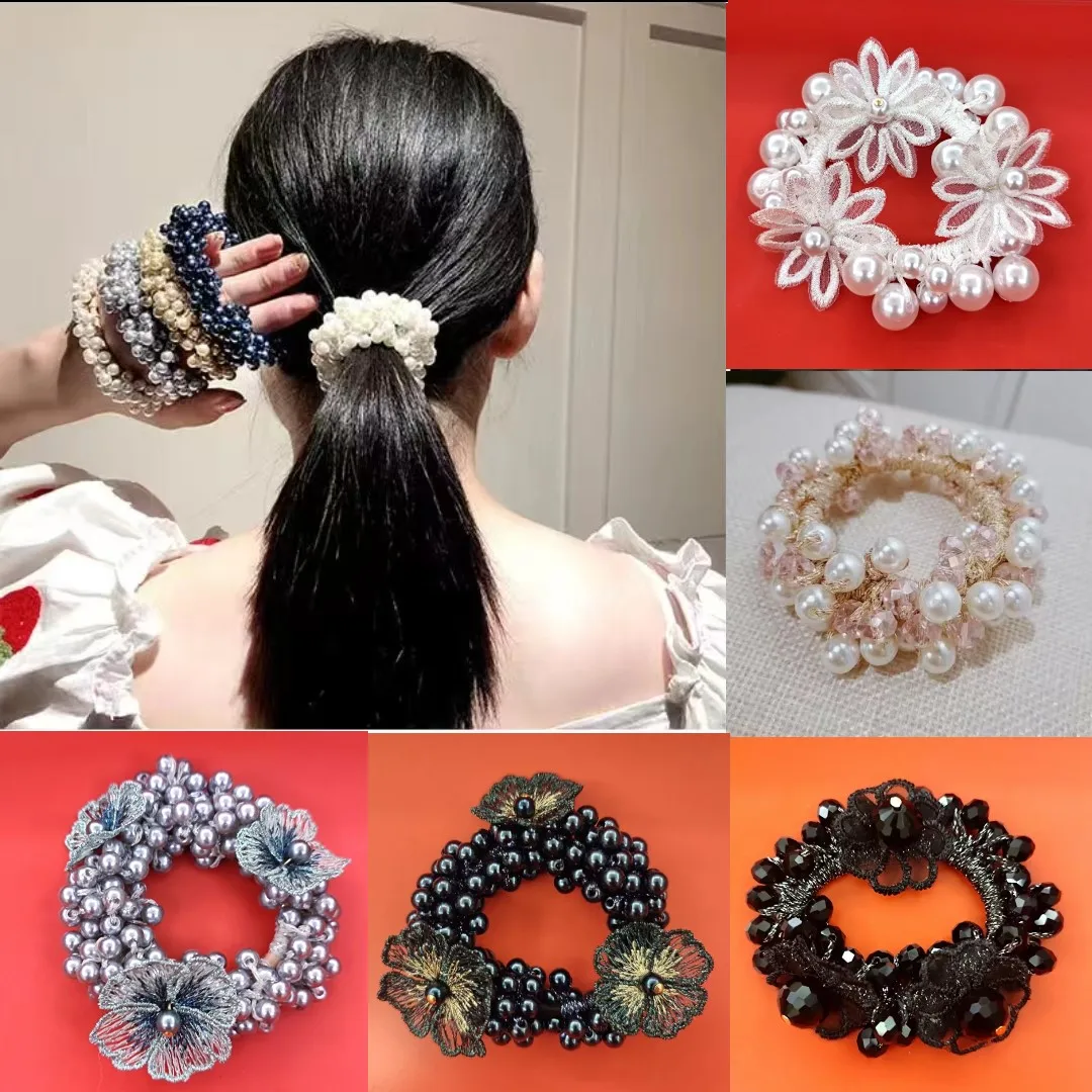

New Pearl Hair Accessories Zou Chrysanthemum Flower Crystal L Hair Tie High Elastic Rubber Band Hand-Woven Women Accessories