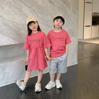 2022 new brother and sister matching clothes for children clothing kids boys top t shirtshorts two piece sets baby girls dress