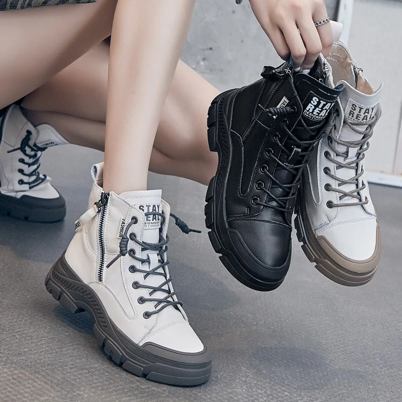 

Authentic Leather Boots for Women 2022 Sports Ankle Boots Female Luxury Designer Shoes Woman Flats Platform Heels Rubber Sole