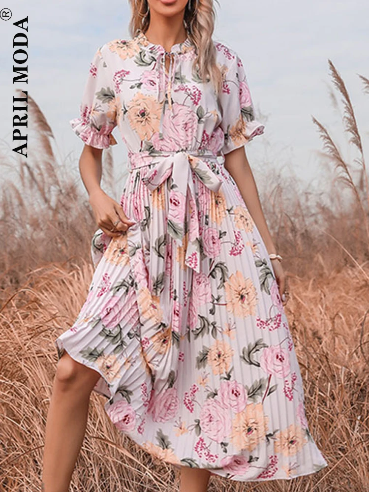 

French Style Mori Girl Floral Print Tunic Midi Dress Summer Short Sleeve Women Bohemian Holiday Dress Loose Runway Pleated Dress