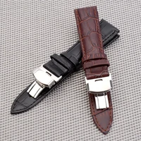 business casual black brown genuine calfskin leather watch band strap butterfly buckle crocodile pattern bracelet 18 20 22 24 mm
