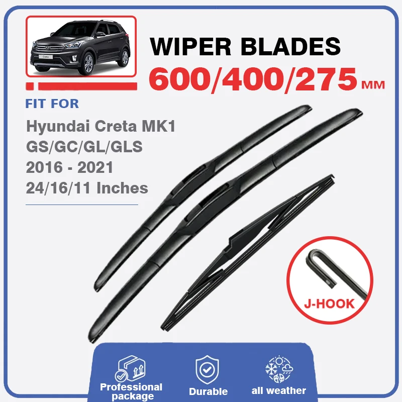 Wiper Blades Set Kit For Hyundai Creta IX25 MK1 2016 - 2021 GS GC GL GLS Car Front Rear Windshield Windscreen Window 24"+16"+11"