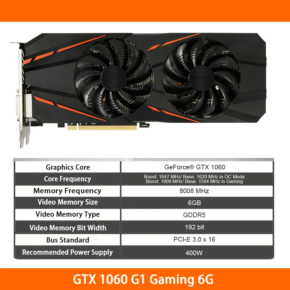 Видеокарта GTX 1060 G1 игровая 3 ГБ 6 для Gigabyte GDDR5 192 бит 400 Вт PCI-E 0 8008 МГц видеокарта