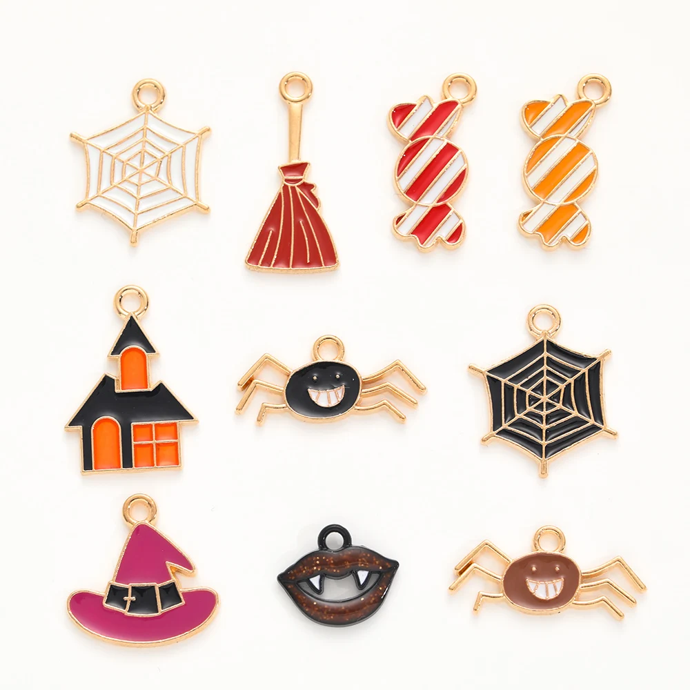 

10 pcs Enamel Halloween Pumpkin Hat Candy Broom Charms Fit Handmade DIY Necklaces Earrings Jewelry Finding Accessories