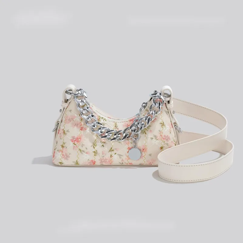 

French Niche Design High-end Lace Fairy Chain Hand-held Small Bag Female 2022 New Summer Floral Messenger Oblique Span Bag JLVW