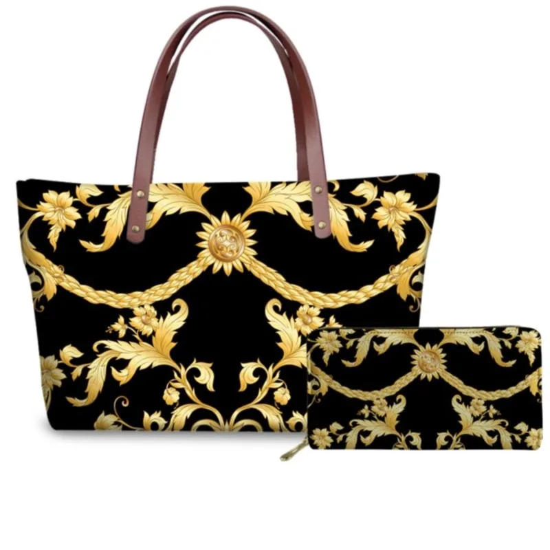 

KUILIU Handbag for Women Golden Baroque Pattern Luxury Bag Print Female Girls Shopper Waterproof Cloth Tote Shoulder Bag
