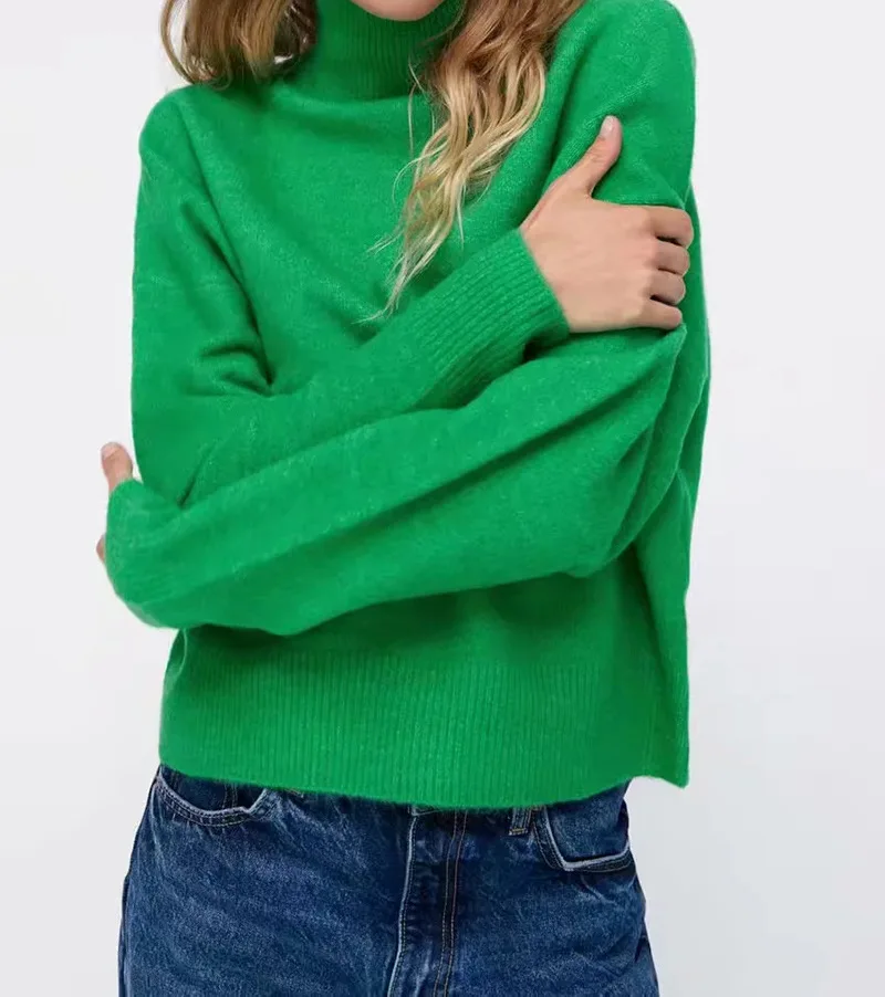 

Women 2022 Fashion Loose Soft Touch Green Knitted Sweater Vintage High Neck Long Sleeve Female Pullovers Chic Tops