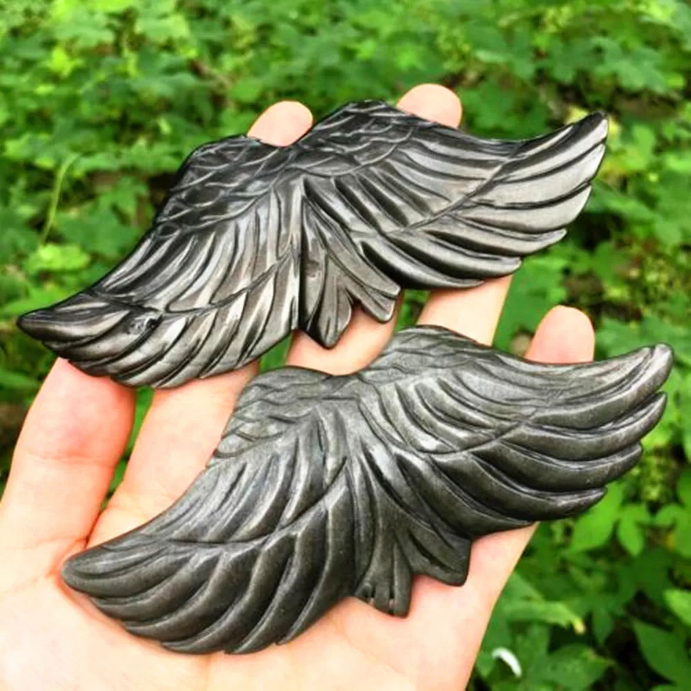 

Natural silver obsidian wings carved with quartz crystal skull healing 1PC