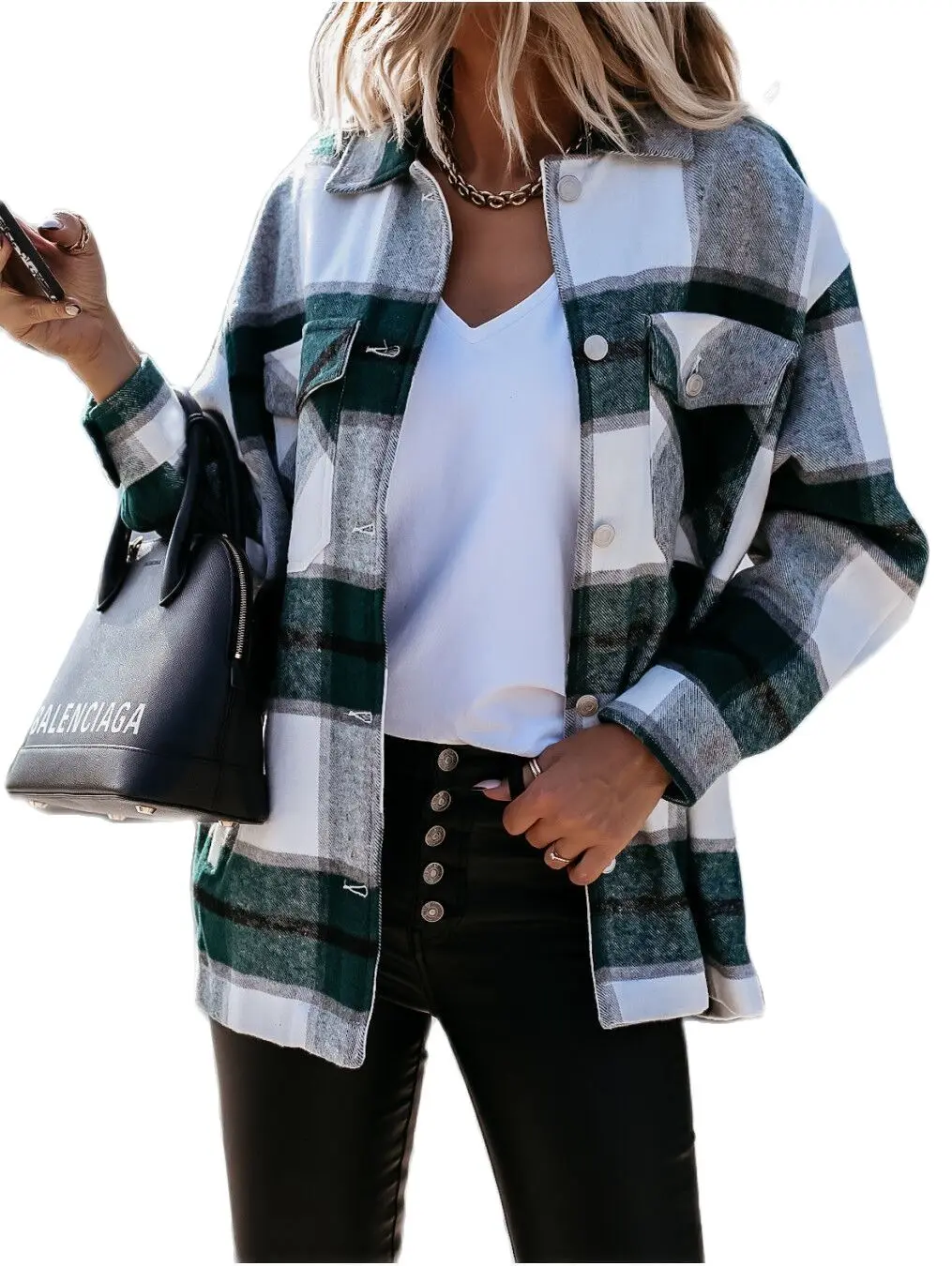 

2020 Fall Spring Womens Check Fleece Jacket Shacket Oversize Baggy Shirt Top Plaid Shirt Lapel Collar Coat Tunic