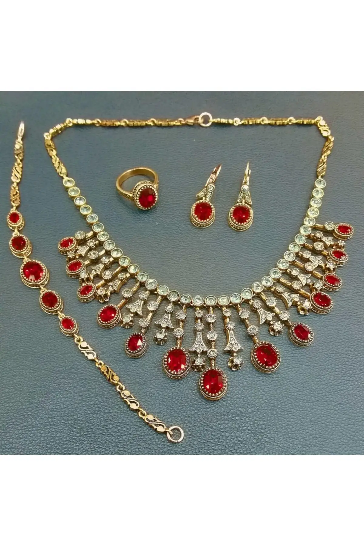 

Women's Fashion Jewelry Gold Ruby Stone Diamond Making Choker Earrings Ring Wristband Sets