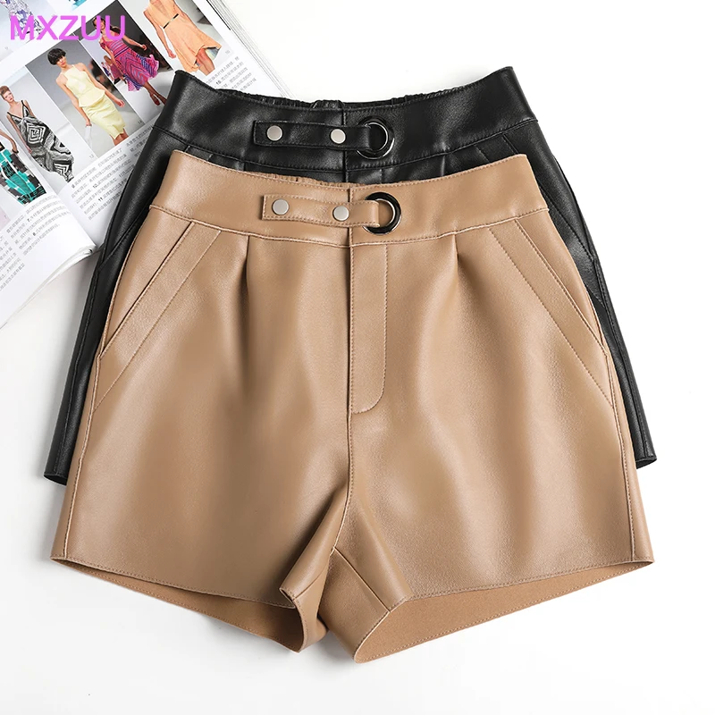 

Pantalon Corto Mujer Women Real Leather Black Sexy Booty Shorts Femme Sheepskin Casual High Waist Loose Show Thin Wide Leg Pants