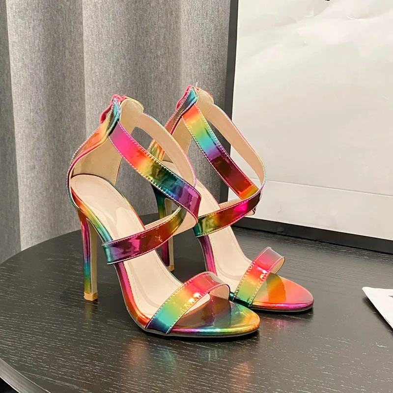 

2023 New Summer Women's Shoes Color Stiletto Cross Color Matching Back Zipper Sandals High Heel Sandals