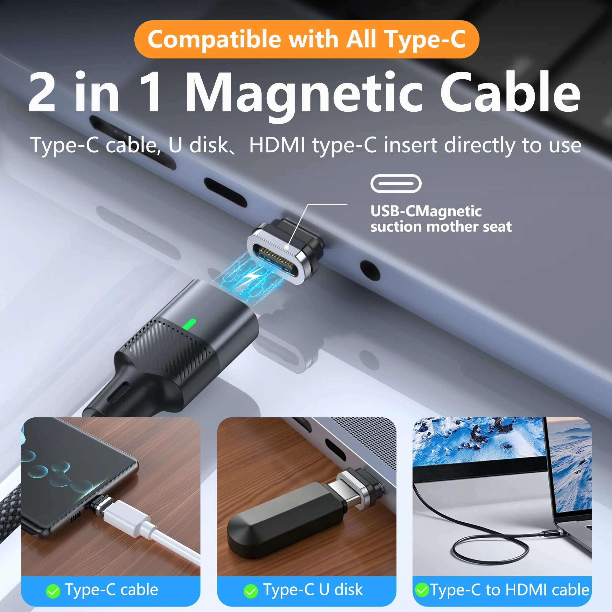 Фото Кабель USB-C на Type-C с магнитным креплением, 240 Вт, PD 3.1, для быстрой зарядки, со встроенным интерфейсом, для iPhone 17, 16, Huawei, Samsung S23 №4