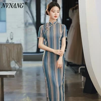 nvnang chinese cheongsam silk jacquard vertical stripe republic of china style old shanghai sexy mature old fashioned lady dress