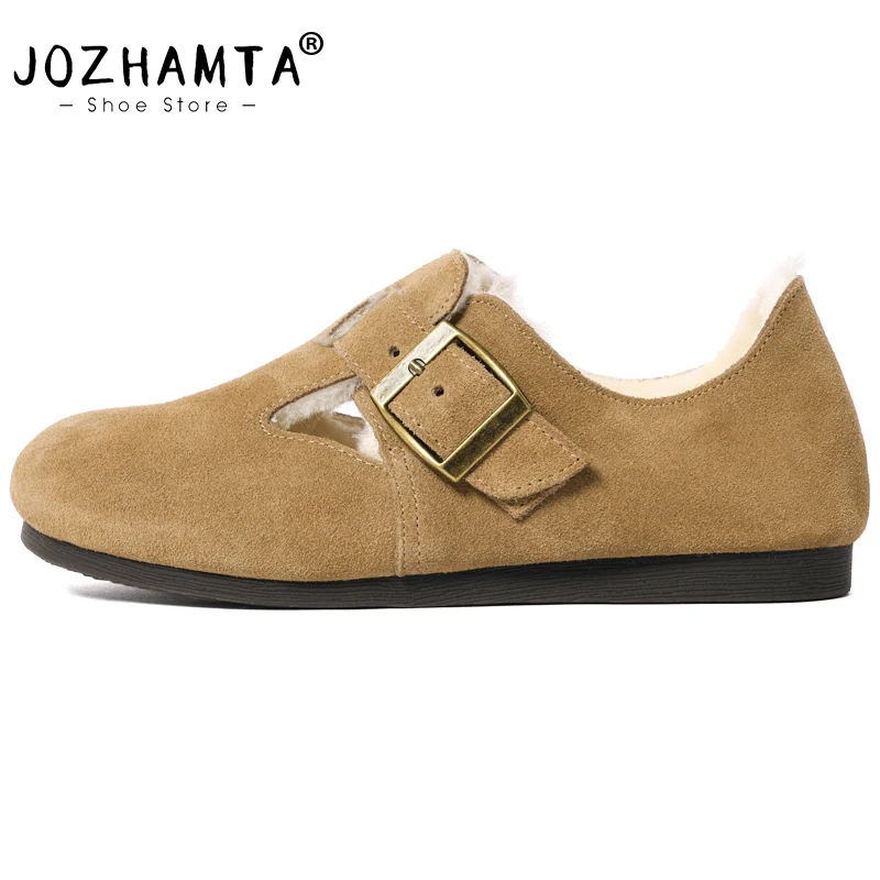 

JOZHAMTA Women Snow Boots Natural fur Genuine Leather Ankle Boots Winter Comfortable Flat Wool Boots Women Shoes Size 35-40