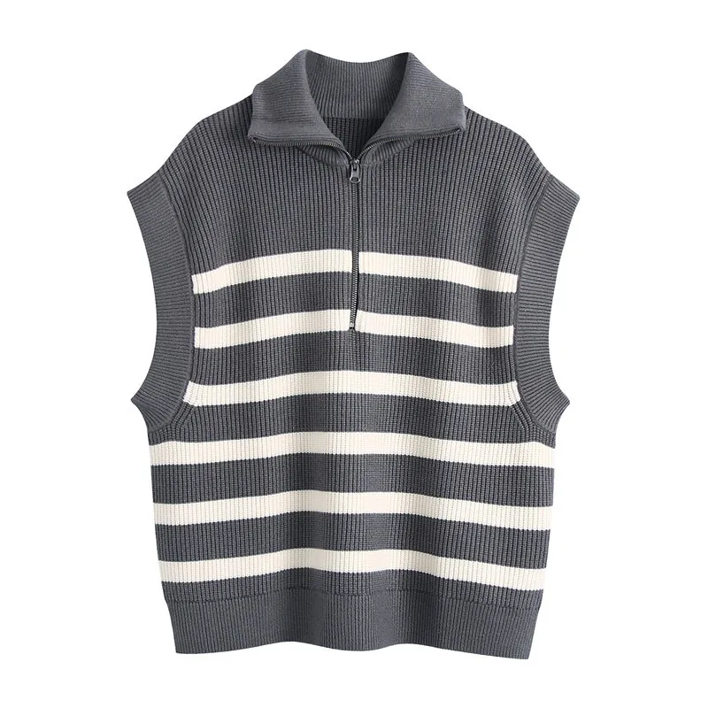 

Autumn Women Fashion Front Zip Loose Striped Knit Vest Sweater Vintage High Neck Sleeveless Female Waistcoat Chic Tops