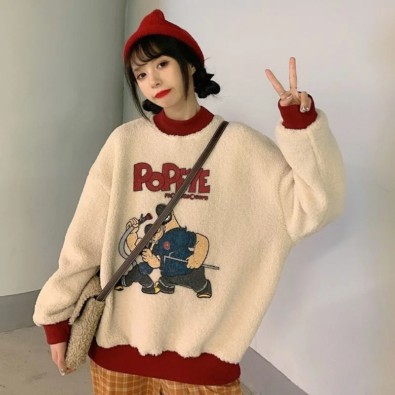 

Теплая толстовка с воротником-хомутом из овечьей шерсти, Женская свободная Корейская Повседневная пуловер в стиле Харадзюку с напуском и имитацией кашемира, Y2K, новинка зимы 2023