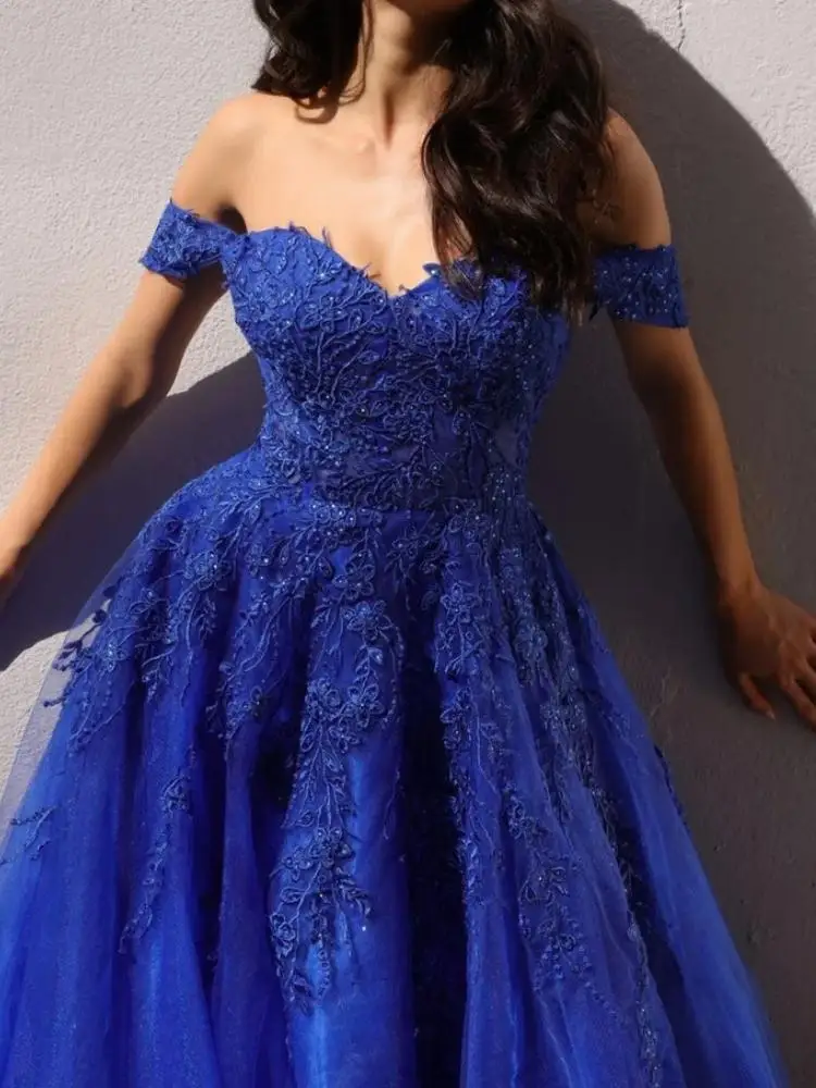 Женское длинное вечернее платье синее кружевное ТРАПЕЦИЕВИДНОЕ ПЛАТЬЕ с