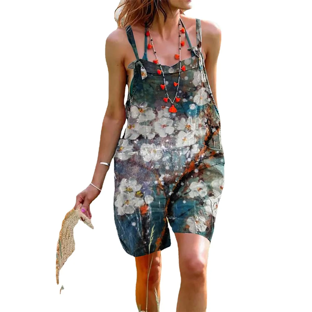 Women's Summer cotton and linen vintage print wide-legged women's romper with straps