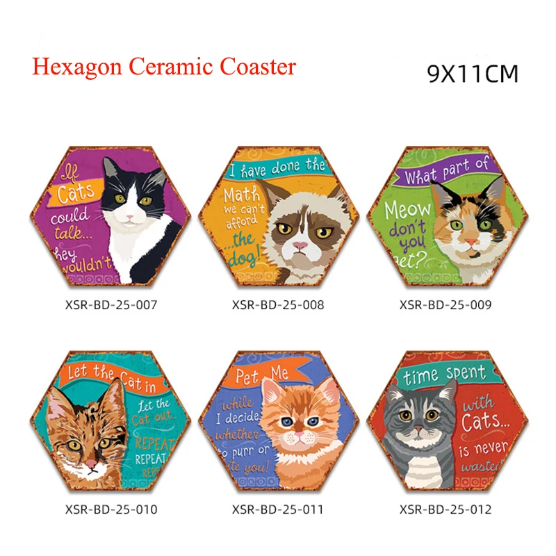 

6pcs Hexagonal Ceramic Cork Coasters Cat Absorbent Ceramic Mat Insulation Pad for Coffee Cups Drink Coaster Bohemian Table Decor