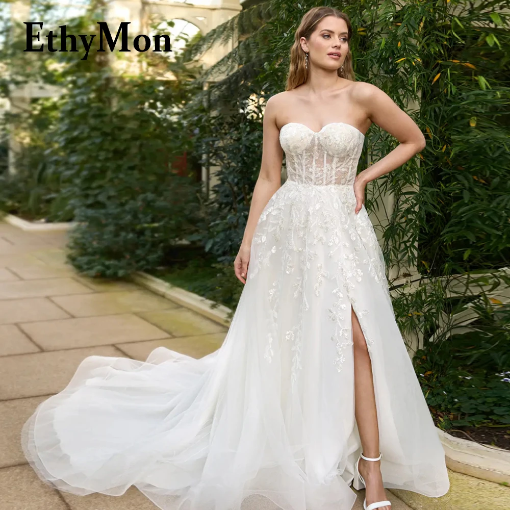 

Ethymon Charming Split Wedding Gown For Women Sweetheart Sequined Lace Appliques Court Train Vestidos De Novia Made To Order