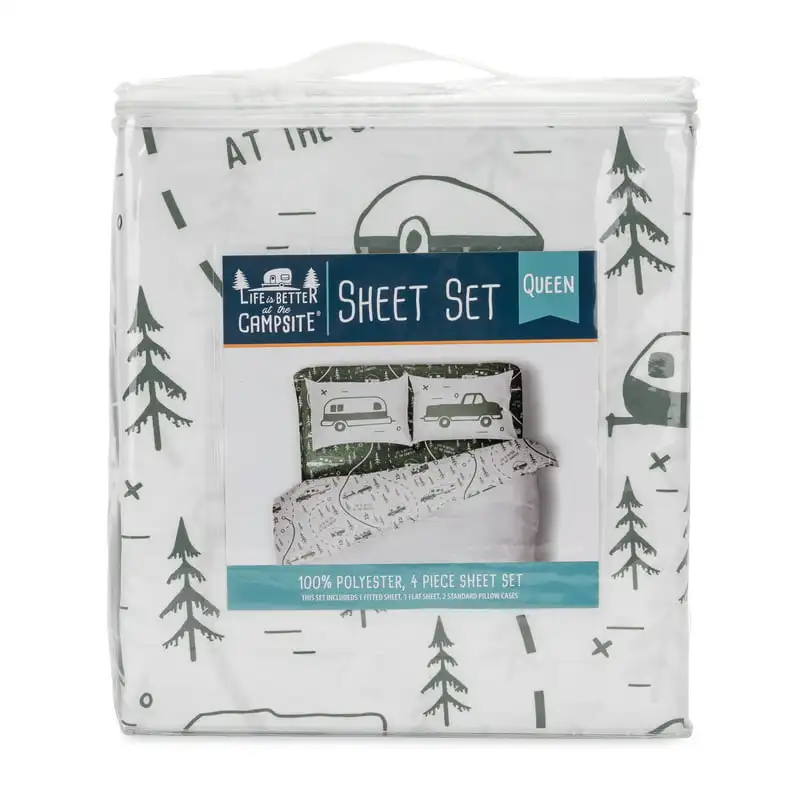 

Life is Better at The Campsite RV Bed Sheet Set | RV Short Queen-Sized, Machine Washable | Polyester, Green RV Map Design (53476