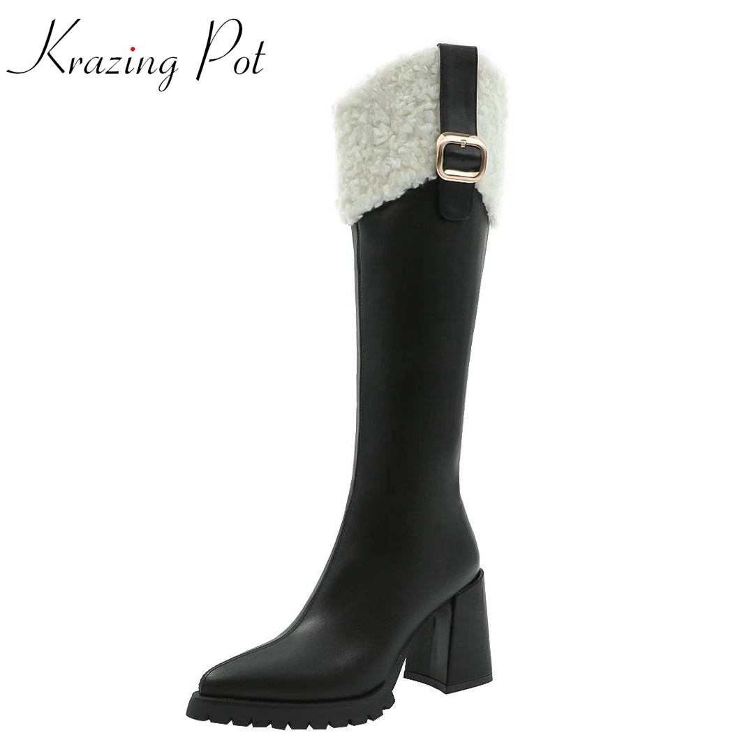 

Krazing Pot Wool Cow Leather Pointed Toe Thick High Heels Snow Boots Stay Warm Fur Ins Platform Belt Buckle Thigh High Boots