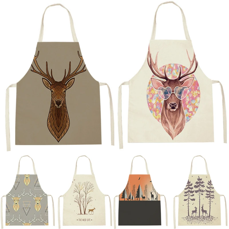 

Geometry Elk Aprons for Woman with Cleaning Pinafore Animal Pattern Sleeveless Aprons Reindeer Printing Home Delantal Cocina