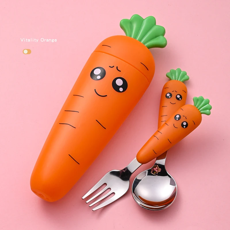 

Children Carrots Tableware Set 3PCS Stainless Steel Spoon Fork Flatware with Box Kids Dinnerware Baby Feeding Kitchen Supplies