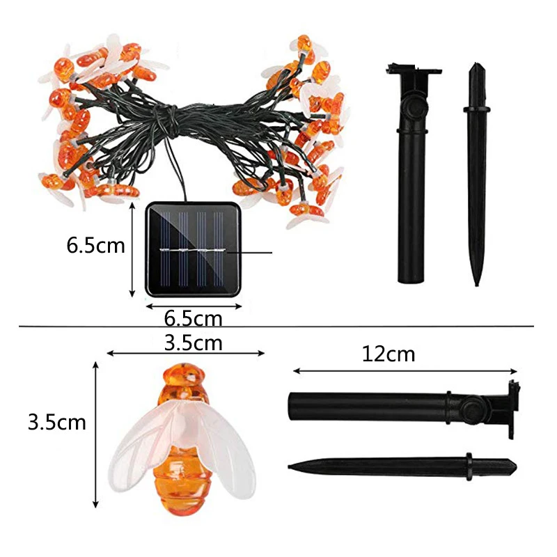Солнечная светодиодная гирлянда с 20 светодиодами на 5 метров "Медовая пчелка" для наружного использования на водонепроницаемой газонной декорации с двумя режимами мерцания.