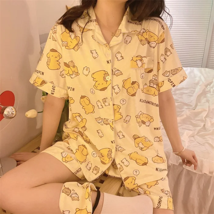 

Пижама с коротким рукавом Hello Kitty pompurin Cinnamoroll Mymelody Kuromi понравилось Sanrio Kawaii мультяшная Пижама с отворотом для девочек