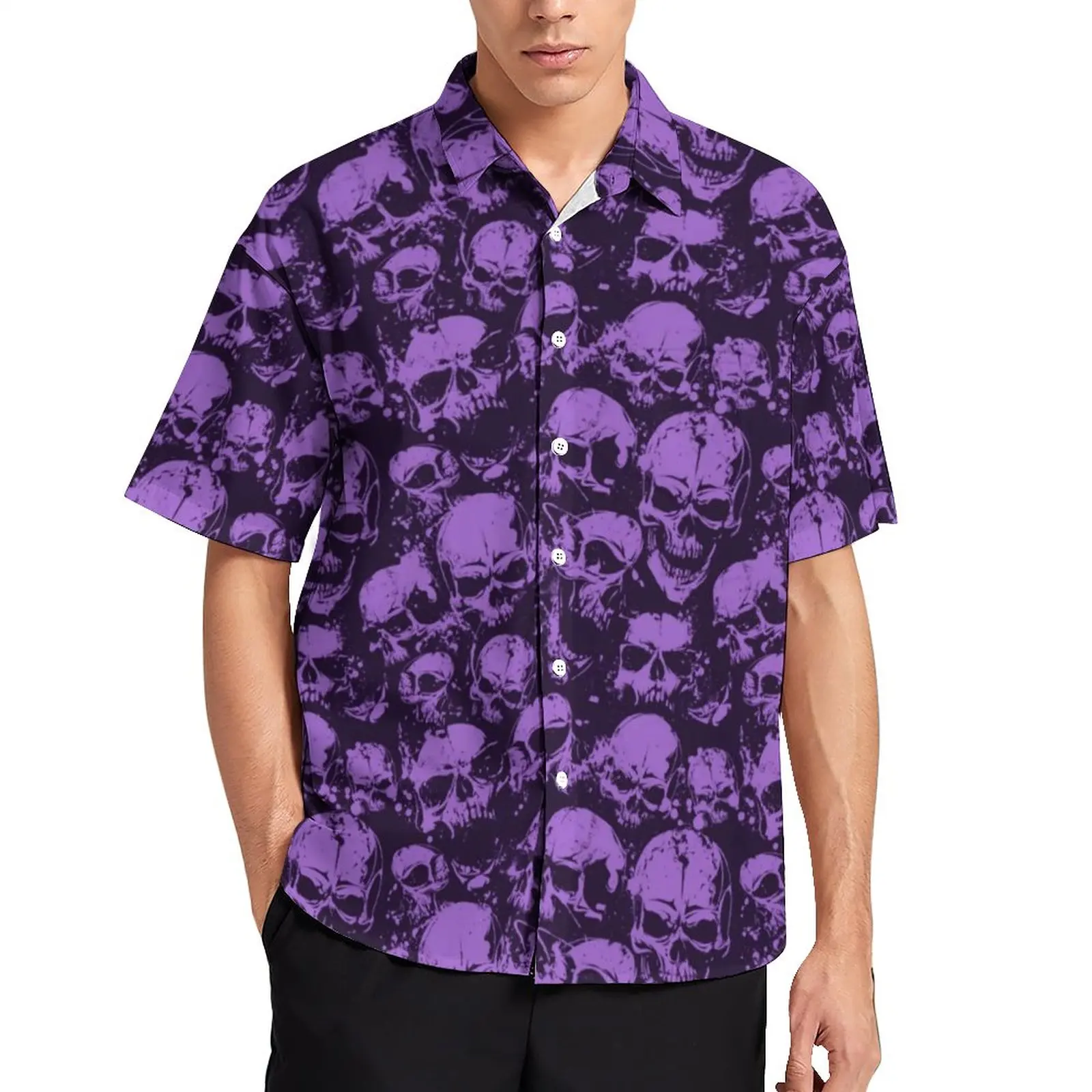 

Purple Skull Shirt Men Halloween Print Casual Shirts Hawaiian Graphic Blouses Short-Sleeve Trending Oversized Gift